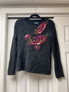 Embroidered Crewneck Sweater in Black with Pink Floral Detail